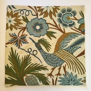 Pottery Barn Beatrice Crewel Embroidered Pillow Cover Ecru Blue Peacock Bird